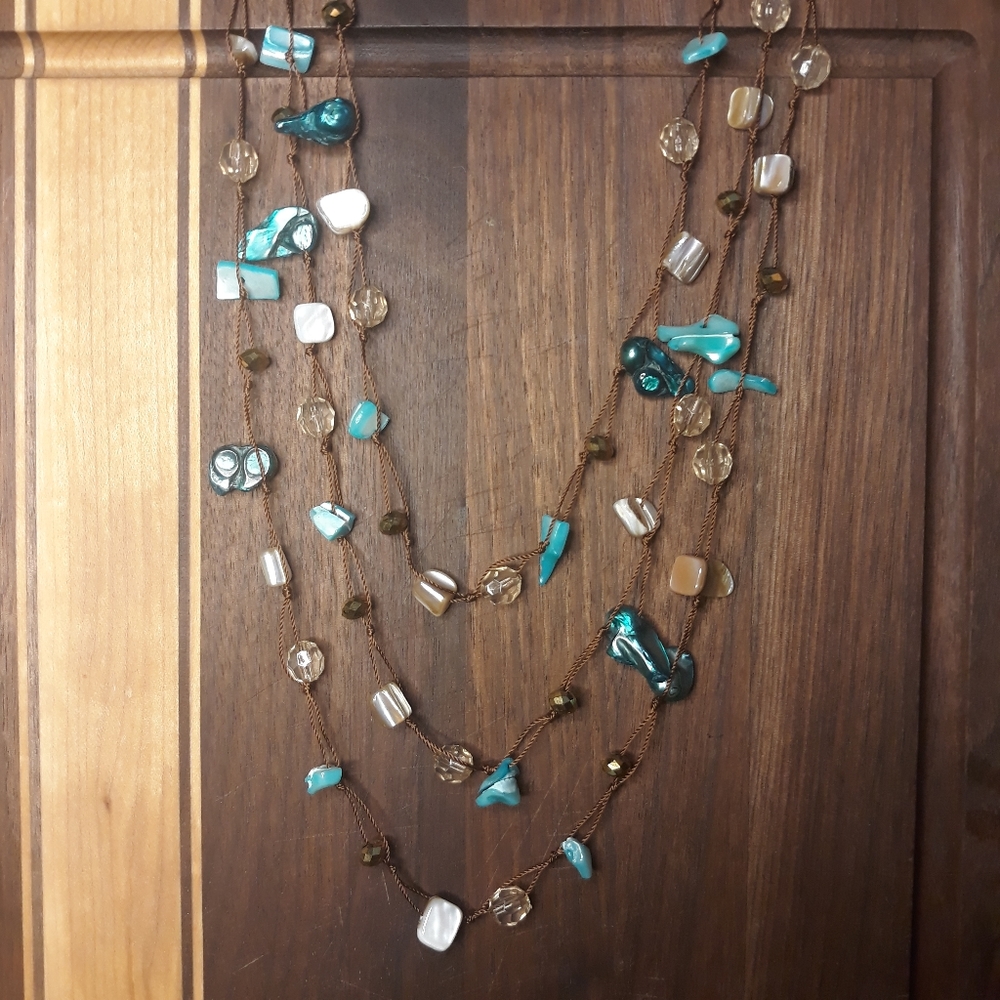 Vintage Abalone and Shells Necklace 3 Strand Thread Macrame Rope Chain